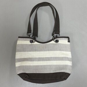 🆕 Thirty-One Canvas Crew Mini Taupe Straw
Stripe Tote Bag Purse